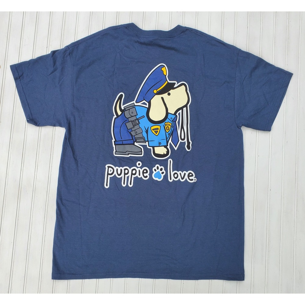 Puppie Love Mens Large Navy Blue Police Officer Dog Graphic T-Shirt Rescue Tee